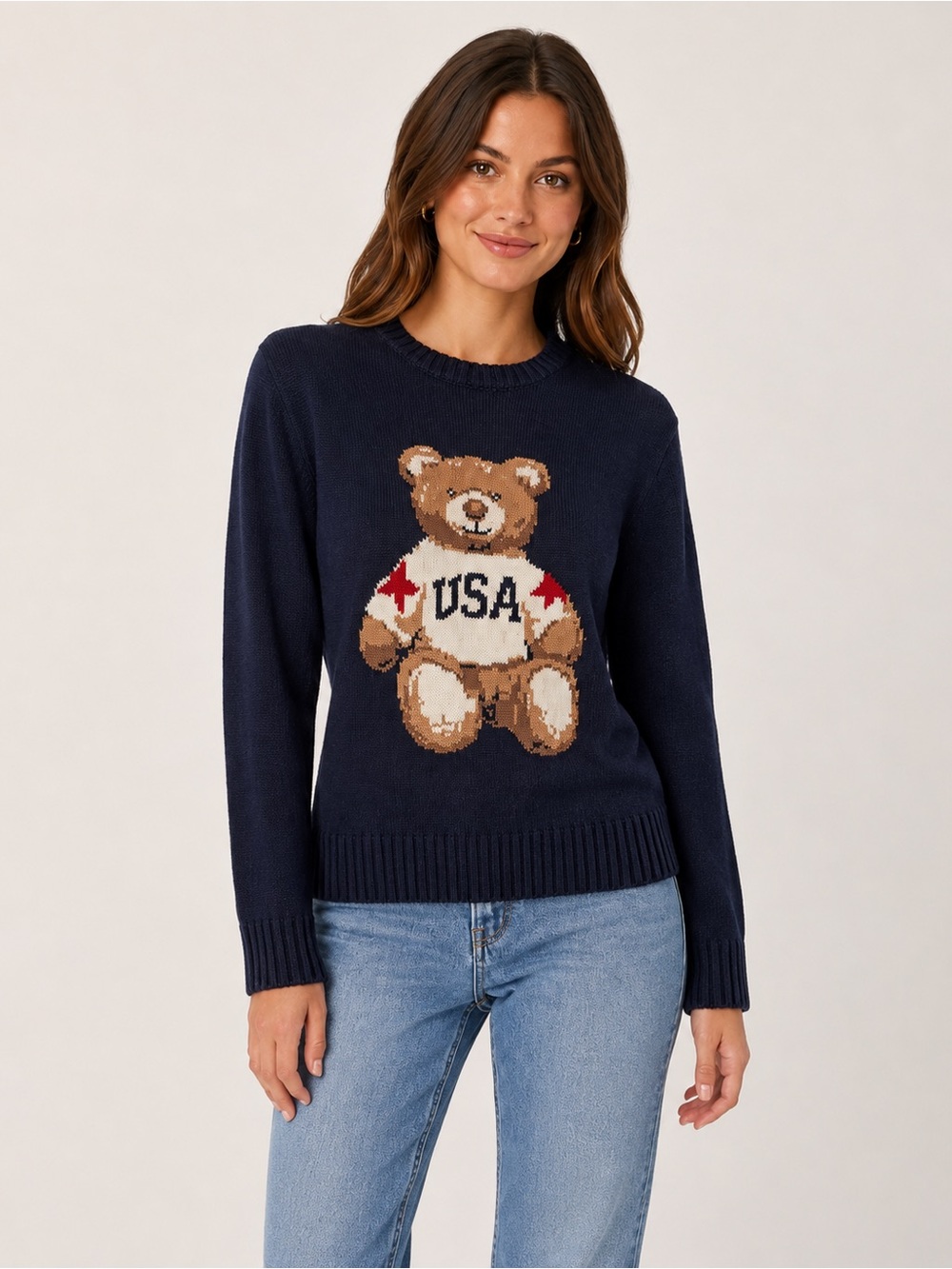 Mighty Fine Women’s XS Navy USA Teddy Bear Patriotic Knit Sweater